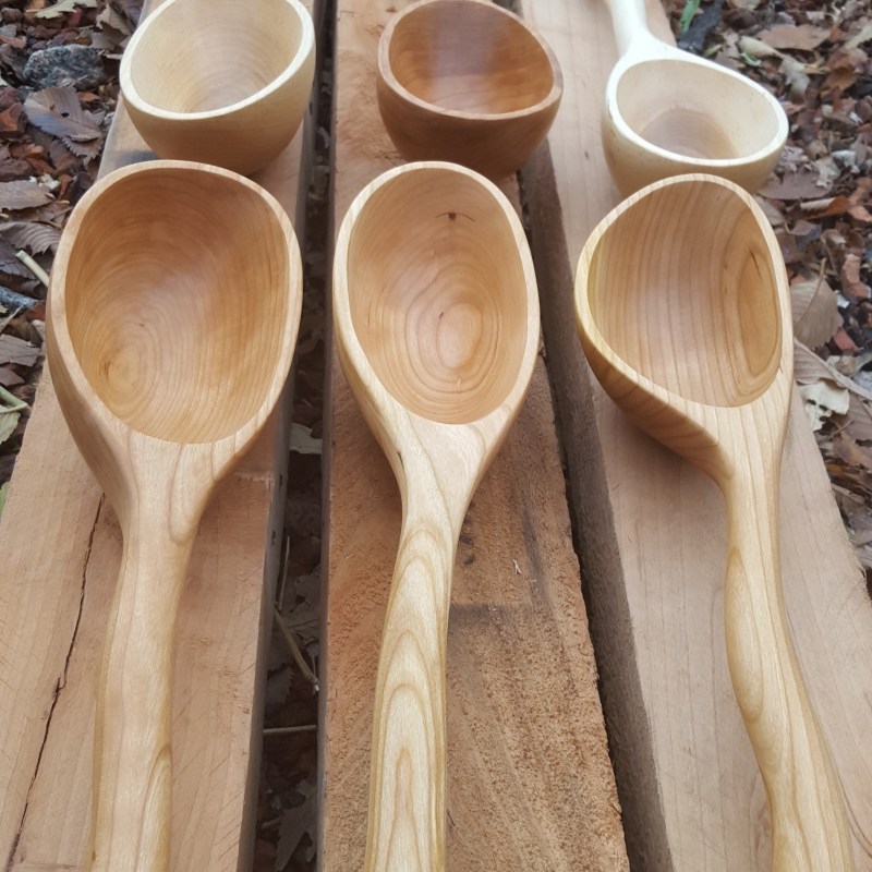 Large serving spoons made from cherry and maple pallet wood.
